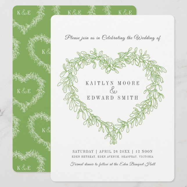 Mistletoe Herzline Hochzeit Grün Einladung (Vorne/Hinten)