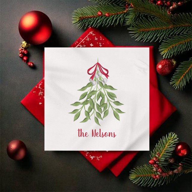 Mistletoe Holiday Napkin Serviette (Merry Mistletoe Christmas personalized napkin.)