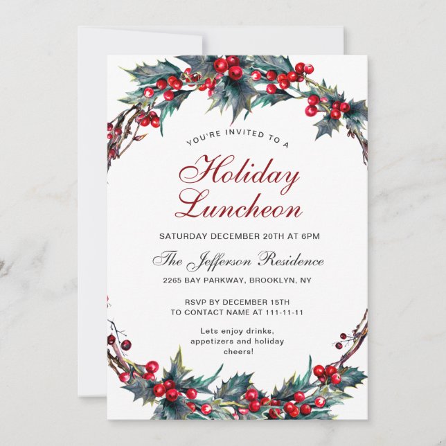 Mistletoe Holly Berry Wreath Luncheon Einladung (Vorderseite)