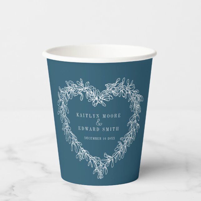 Mistletoe line Art Blue Hochzeit Custom Foto Pappbecher (Vorderseite)