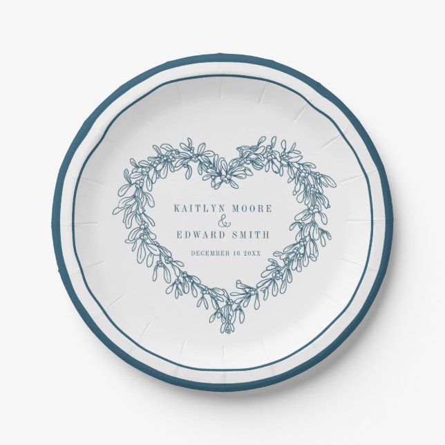 Mistletoe line Art Blue White Winter Hochzeit Pappteller (Vorderseite)