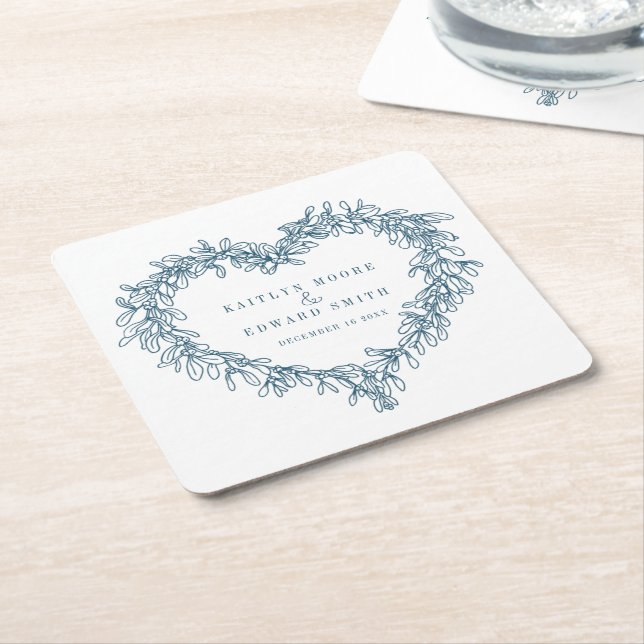 Mistletoe line Art Blue White Winter Hochzeit Rechteckiger Pappuntersetzer (angewinkelt)