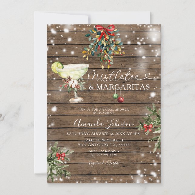 Mistletoe & Margarita Wood Christmas Brautparty Einladung (Vorderseite)