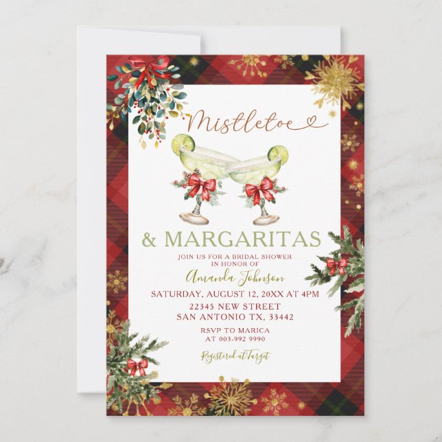 Mistletoe & Margaritas Rotes Weihnachtsfest Brautp Einladung (Vorderseite)