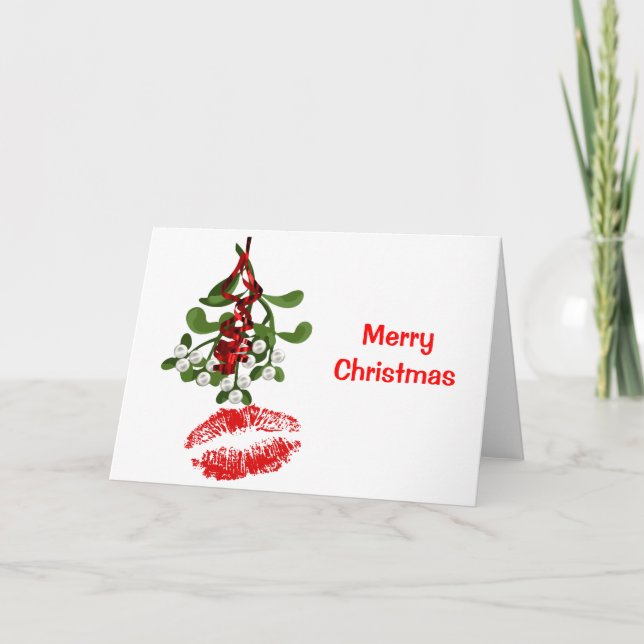 Mistletoe & Red Lipstick Kiss Feiertagskarte (Vorderseite)