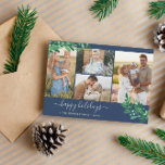 Mistletoe Twigs Foto Collage Navy Happy Holidays Feiertagskarte<br><div class="desc">Navy blaue Foto Weihnachtskarte mit einer Foto Collage mit vier Fotos und hübschen Mistleton Zweige in grün und blassblau. Der glückliche Urlaub ist in einem charmanten weißen Skript geschrieben. Fügen Sie Ihren Familiennamen und das Jahr in eleganten weißen Schriftart hinzu. Die Rückseite weist ein passendes Misletoe-Muster auf.</div>