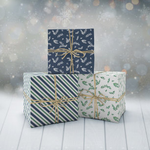 Mistletoe Twigs & Stripes Mixed Weihnachtsmuster Geschenkpapier Set
