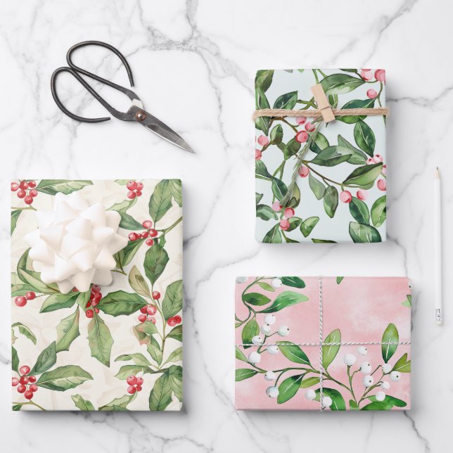 Mistletoe Vintage Weihnachtswrapping Paper Sheets Geschenkpapier Set (Vorderseite)