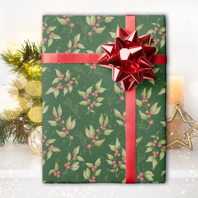 Mistletoe Weihnachtsmuster auf Grün Geschenkpapier (Von Creator hochgeladen)
