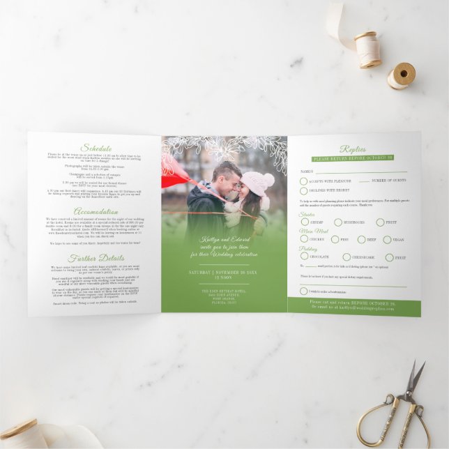 Mistletoe-Weiß Hochzeitsmahlzeit Option UAWG Tri Dreifach Gefaltete Einladung (Innenseite)