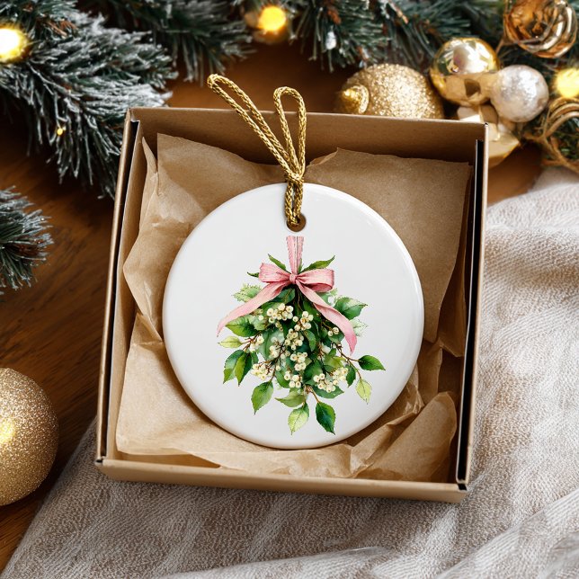 Mistletoe with Pink Ribbon Keramik Ornament (Von Creator hochgeladen)