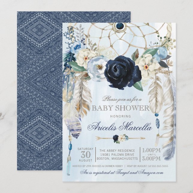 Misty Blue Boho Dream Catcher Baby Shower Einladung (Vorne/Hinten)