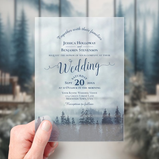 Misty Blue Mountain Pines Calligraphy Wedding Acryleinladungen (With Rectangle Cut)
