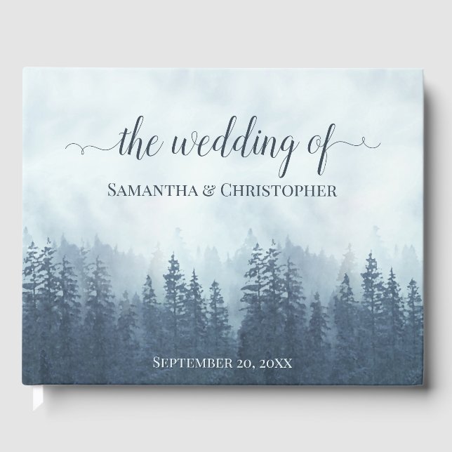Misty Blue Mountains & Pines Rustikale Hochzeit Gästebuch (Vorderseite)