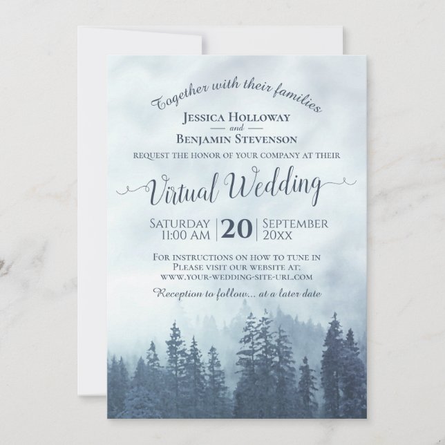 Misty Blue Mountains Rustic Virtual Wedding Einladung (Vorderseite)