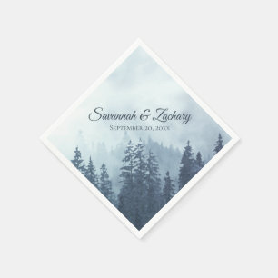 Misty Blue Pine Trees Rustic Watercolor Wedding Serviette