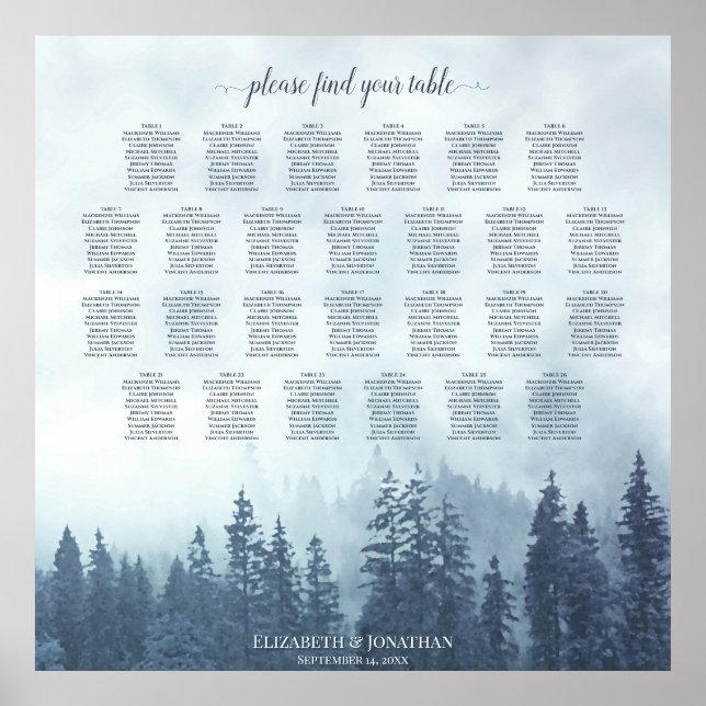 Misty Blue Pines 26 Table Wedding Seating Chart Poster (Vorne)