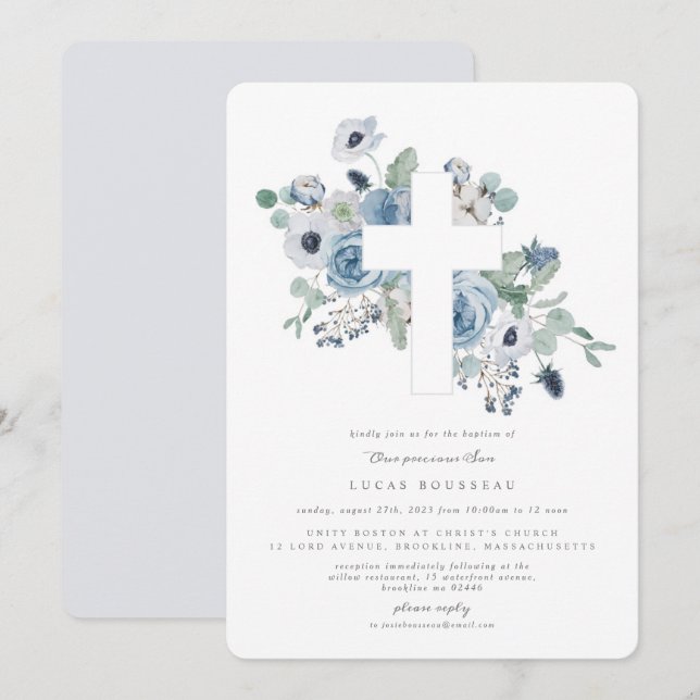 Misty Blues Cross Baptisse Christening Einladung (Vorne/Hinten)