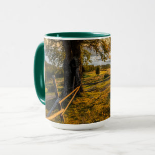 Misty Dawn in einem Wald Tasse