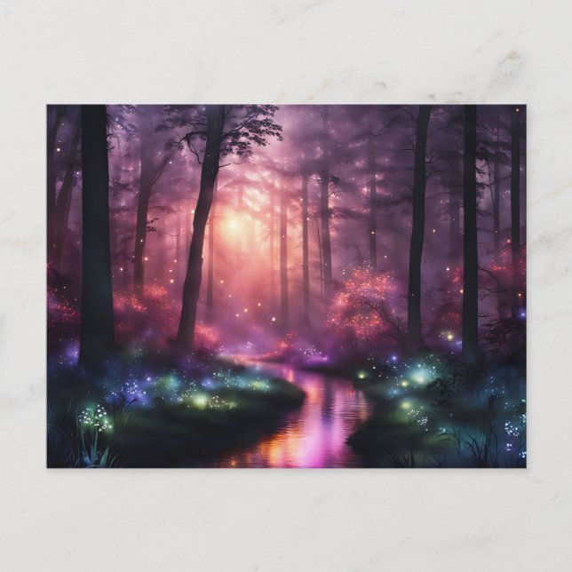 Misty Forest Firefly Lights Postkarte (Vorderseite)
