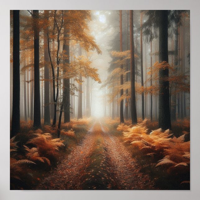 Misty Forest Trail in Autumn Glow – Poster  (Devant)