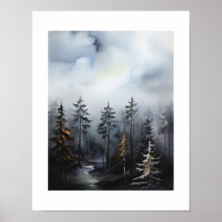 Misty Forest Trees View Painting Poster