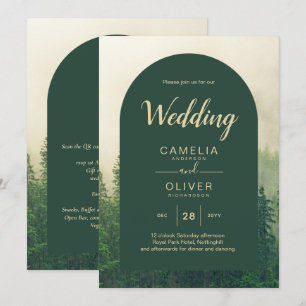 Misty Green Forest Mountain Pine Trees Wedding Einladung