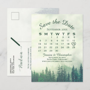 Misty Green Forest Wedding Save the Date Calendar Ankündigungspostkarte