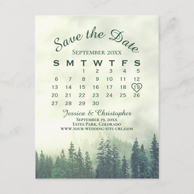 Misty Green Forest Wedding Save the Date Calendar Ankündigungspostkarte (Vorderseite)