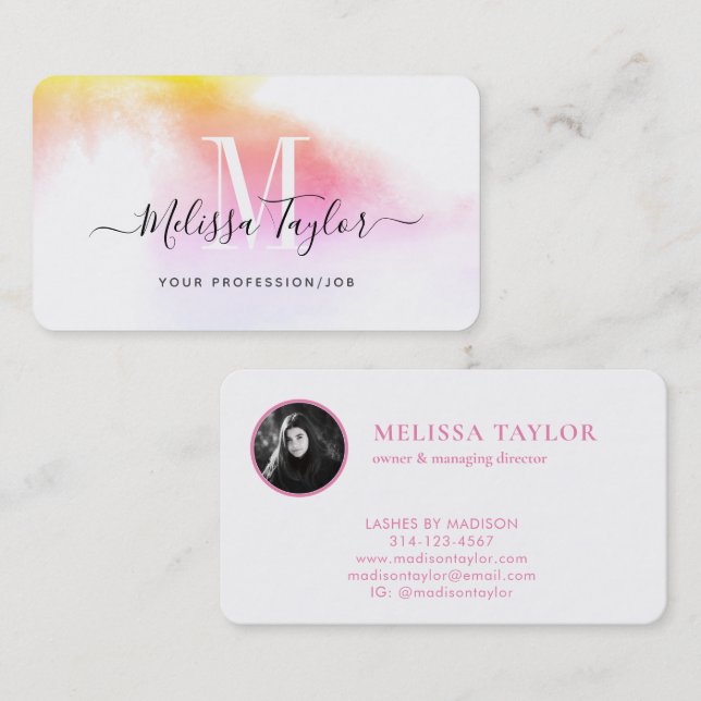 Misty Holography Pink und Gold Monogram Foto Visitenkarte (Vorne/Hinten)
