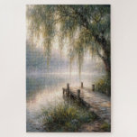 Misty Lake Dock with Willow Tree<br><div class="desc">A peaceful wooden dock stretches over a still lake,  embraced by vibrant greenery and the gentle presence of a weeping willow tree</div>