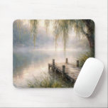 Misty Lake Dock with Willow Tree Mousepad<br><div class="desc">A peaceful wooden dock stretches over a still lake,  embraced by vibrant greenery and the gentle presence of a weeping willow tree</div>