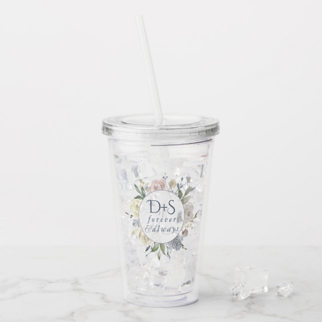 Misty Lake | Dusty Floral Always Forever Monogram Acryltrinkbecher (Vorderseite Ice)