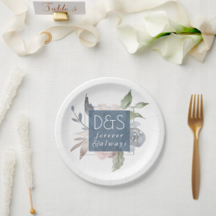 Misty Lake   Dusty Floral Always Forever Monogram Pappteller