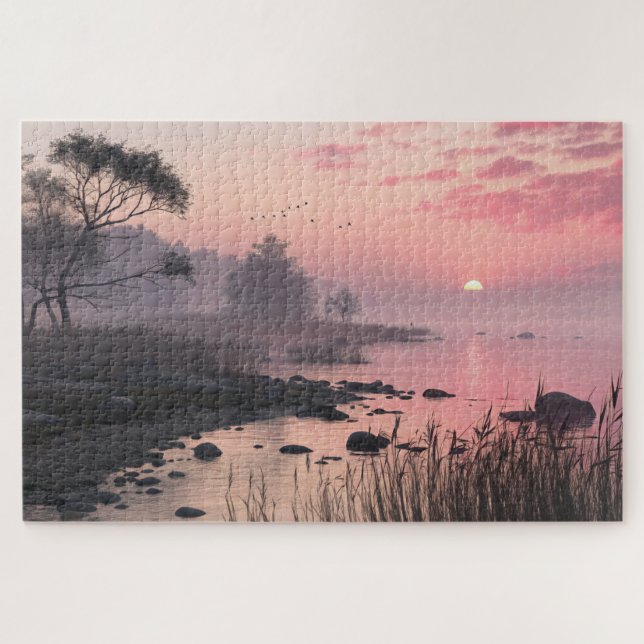Misty Lake Sunset Puzzle Romantische Rosa Kunst, D (Horizontal)