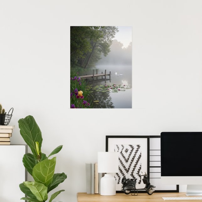Misty Lake Swans Water Lilies Nature Art Poster (Heimbüro)