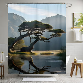 Misty Landscape Scene Pine Tree Outdoor-Thema Duschvorhang