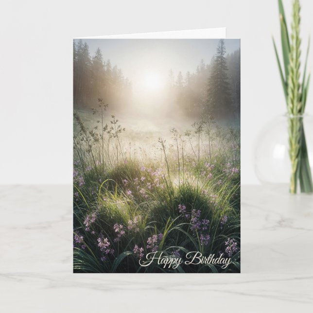 Misty Morning Meadow Birthday Karte (Vorderseite)