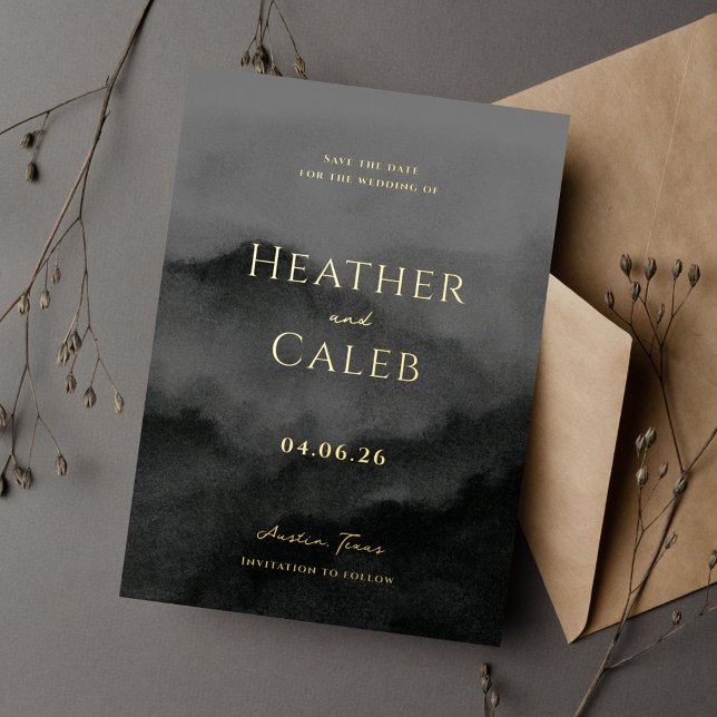 Misty Mountain Black Gold Wedding Save the Date Folieneinladung (Von Creator hochgeladen)