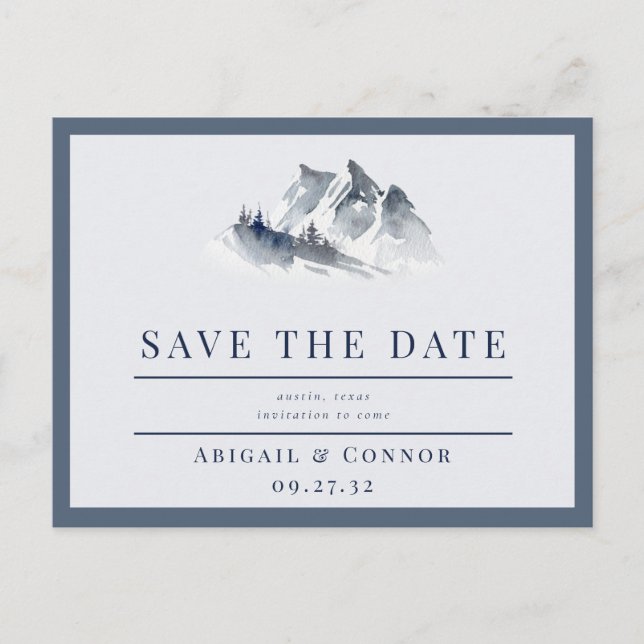 Misty Mountain Blue Gray White Save the Date Ankündigungspostkarte (Vorderseite)