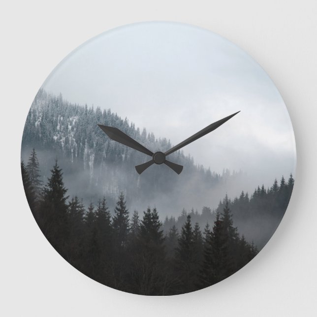 Misty Mountain Forest: Landschaftliche Landschafts Große Wanduhr (Vorderseite)