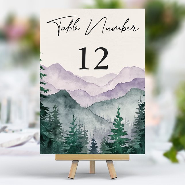 Misty Mountain Forest Watercolor Hochzeit Tischnummer (Von Creator hochgeladen)