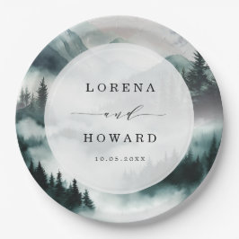 Misty Mountain Pine Forest Moon Wedding Pappteller