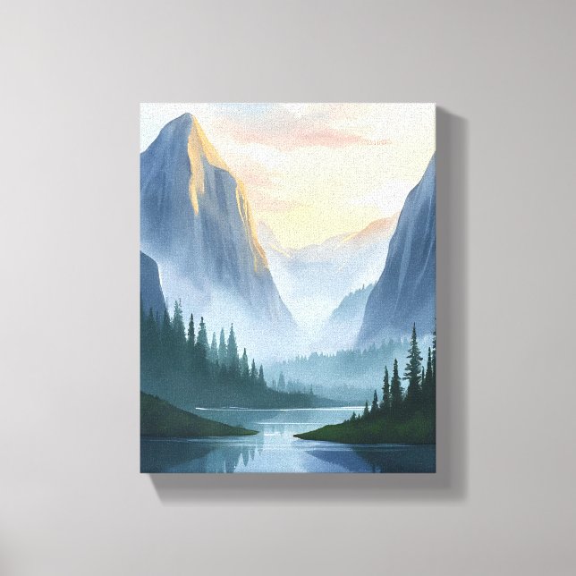 Misty Mountain Range Natur Wasserfarben Malerei Leinwanddruck (Vorderseite)