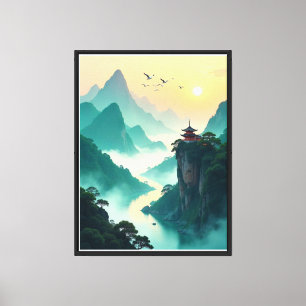 Misty Mountain Temple Landschaft - Serene Asian Na Leinwanddruck