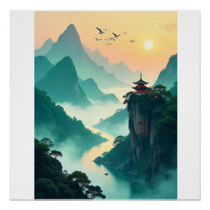 Misty Mountain Temple Landschaft - Serene Asian Na Poster