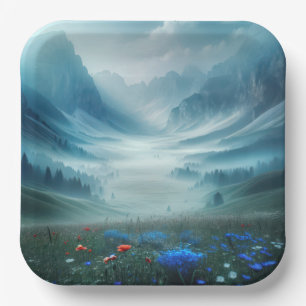 Misty Mountain Valley mit Wildblumen Pappteller