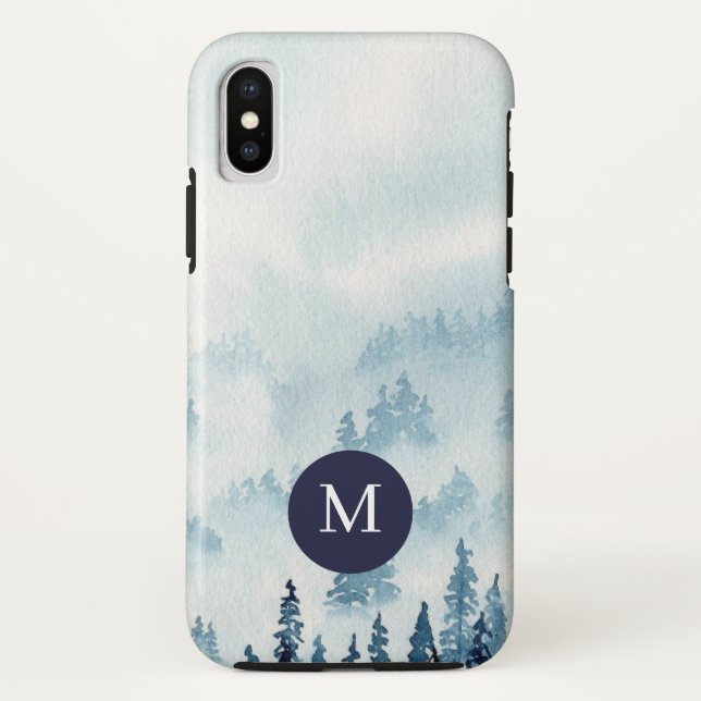 Misty Mountain Watercolor Monogram iPhone Case (Rückseite)