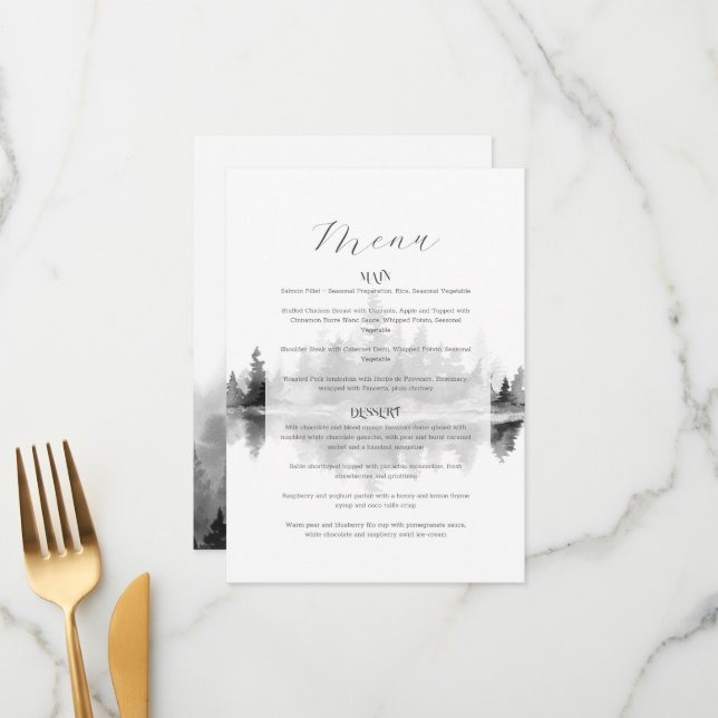 Misty Mountain Wedding Menükarte (Vorderseite/Rückseite Beispiel)