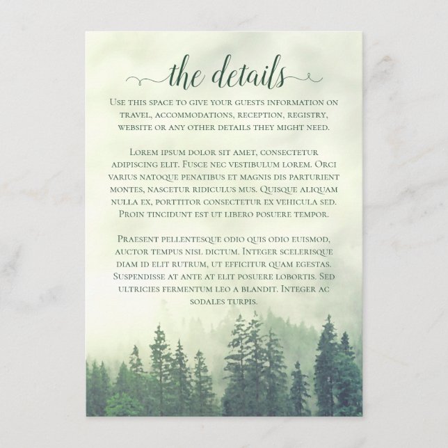 Misty Mountains Green Pine Forest Wedding Details Begleitkarte (Vorderseite)